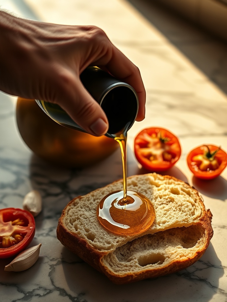 Hand pouring olive oil on pan con tomate