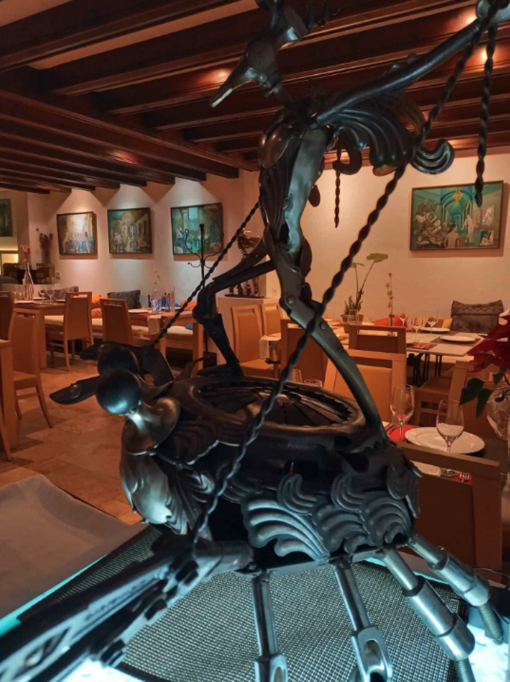 Warm indoor dining room at El Naranjo in Santa Eularia, Ibiza.
