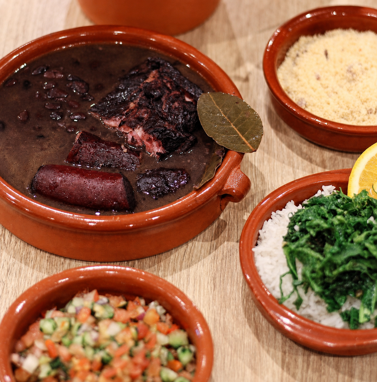 Brazilian feijoada with rice, greens and accompaniments at Jungle Bistro in Ibiza.