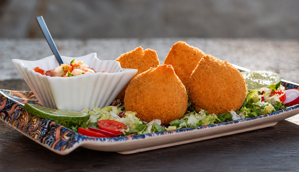 Crisp coxinha with salad and salsa at Jungle Bistro in Sant Antoni de Portmany, Ibiza.