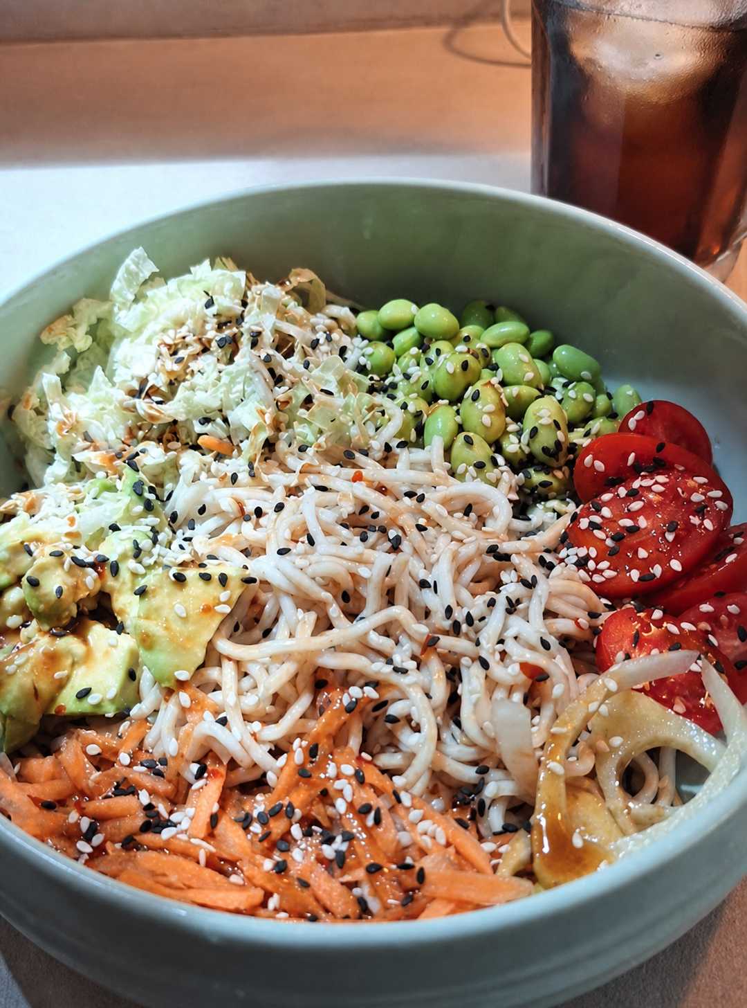 Thai-style salad with noodles, edamame, avocado, tomato and sesame at La Favorita Ibiza