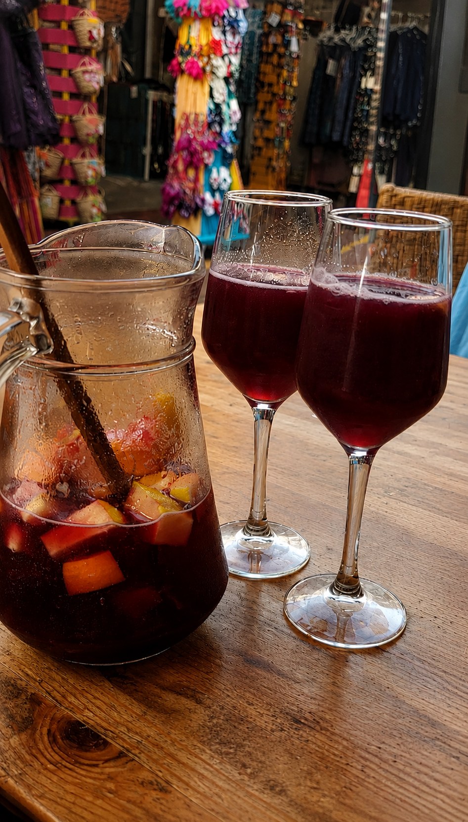 Jug of sangria with two glasses at El Rincón de Pepe in Santa Eulària, Ibiza.